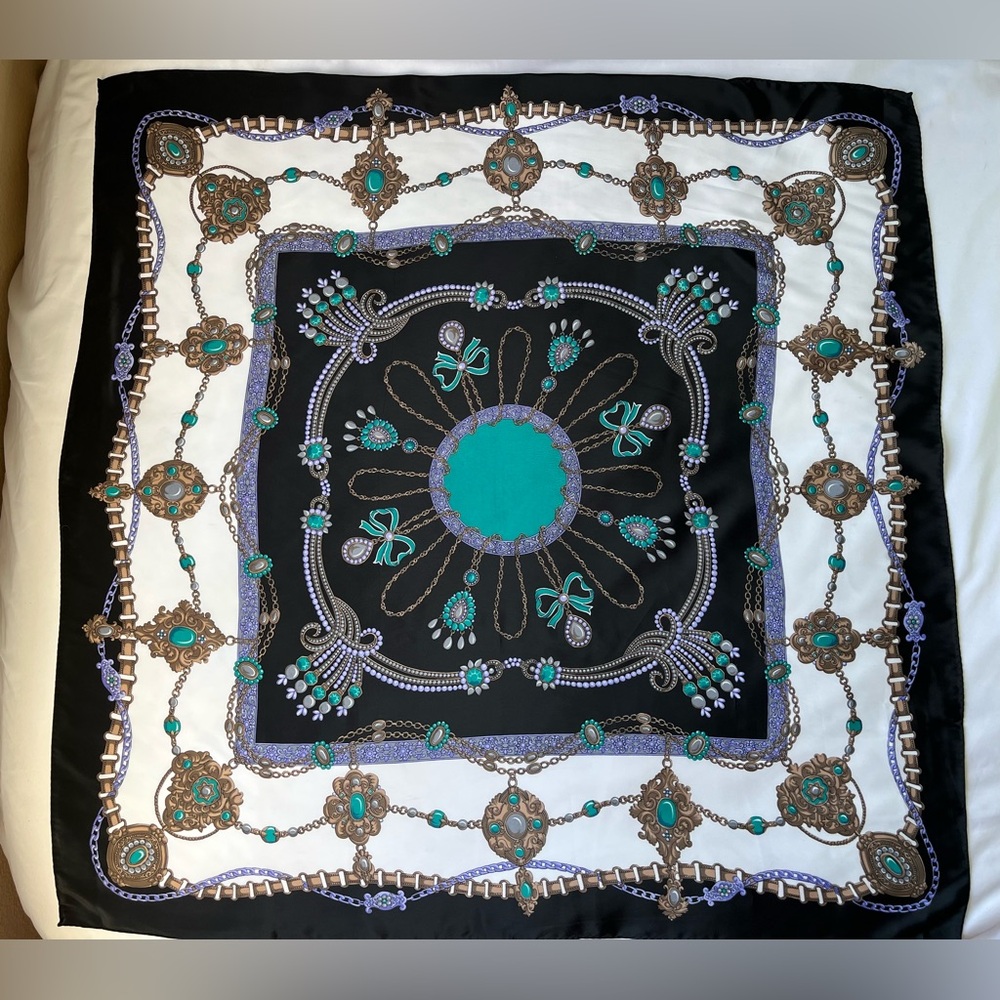 Vintage 100% Silk Scarf square Blk Gold Teal jewels 34” pearls bows